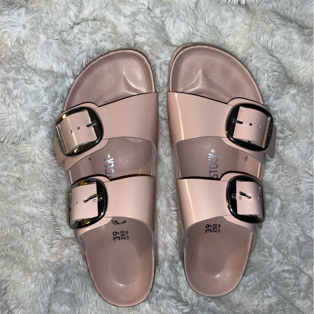 Birkenstock Pink Patent Leather with Large Silver Buckle